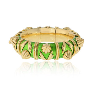Tiffany & Co. Schlumberger 18K Yellow Gold Green Enamel Cone Losange Acorn Bangle Bracelet