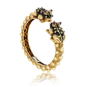 David Webb 18K Yellow Gold Double Frog Black Enamel Ruby Eyes Bangle Bracelet