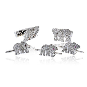 Cartier Diamond Elephant 18K White Gold Walking Elephant Shirt Studs and Cuff Links