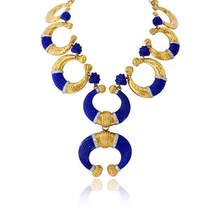 David Webb Crescent Platinum & 18K Yellow Gold Carved Lapis Lazuli Necklace
