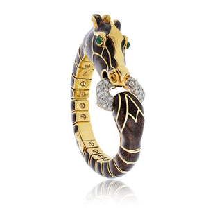 David Webb 18K Yellow Gold Brown Horse Green Eye Bracelet