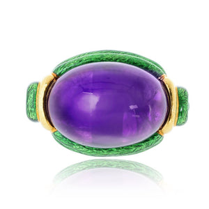 David Webb Amethyst 18K Yellow Gold Green Enamel Statement Cocktail Ring