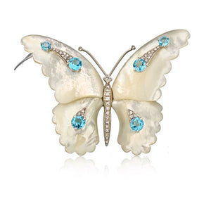 18K White Gold 1.50 carat Diamond And Aquamarine Butterfly Brooch