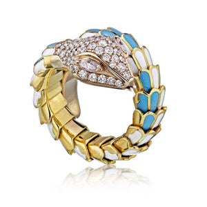 18K Yellow Gold Turquoise And White Enamel Diamond Serpent Snake Ring