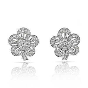 Retro Platinum 8.50 carat Baguette, Round Cut Diamond Flower Earrings