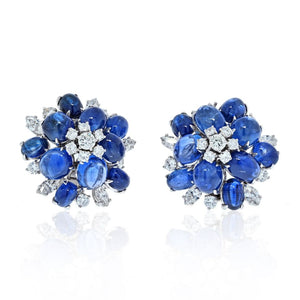 Cabochon Blue Sapphire and Diamond Flower Earrings