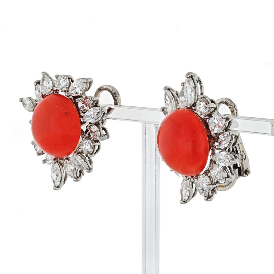 Circa 1960's Platinum 8.00 Carat Diamond And Coral Earrings