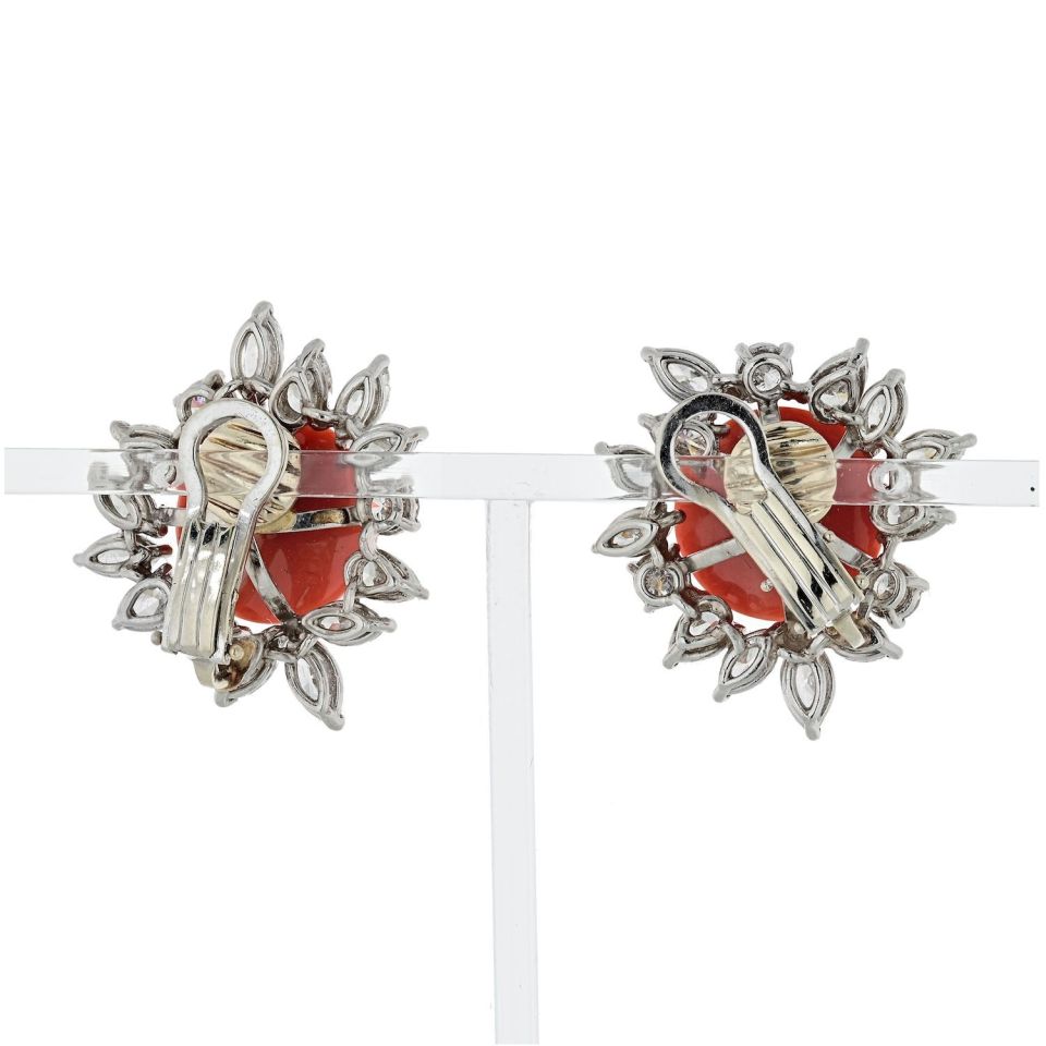 Circa 1960's Platinum 8.00 Carat Diamond And Coral Earrings