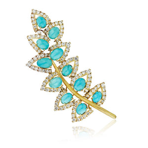 Circa 1960's 18K Yellow Gold Turquoise Leaf Brooch