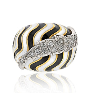 David Webb Platinum & 18K Yellow Gold Black and White Bombe Diamond Enamel Ring