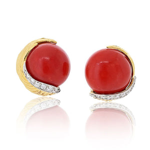 David Webb Platinum & 18K Yellow Gold Domed Coral Diamond Earrings
