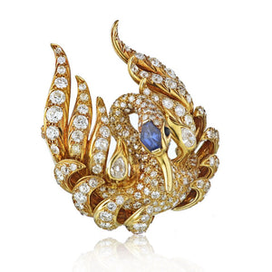 French 18K Yellow Gold Swan Diamond 16.00cttw Brooch