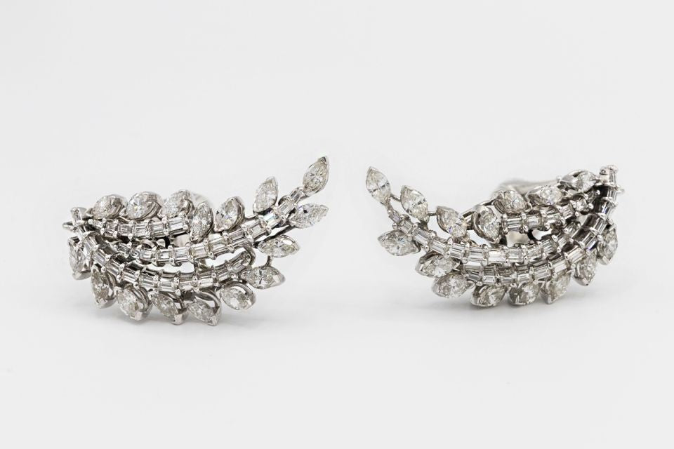 Art Deco Platinum Diamond 10.00cttw Leaf Earrings