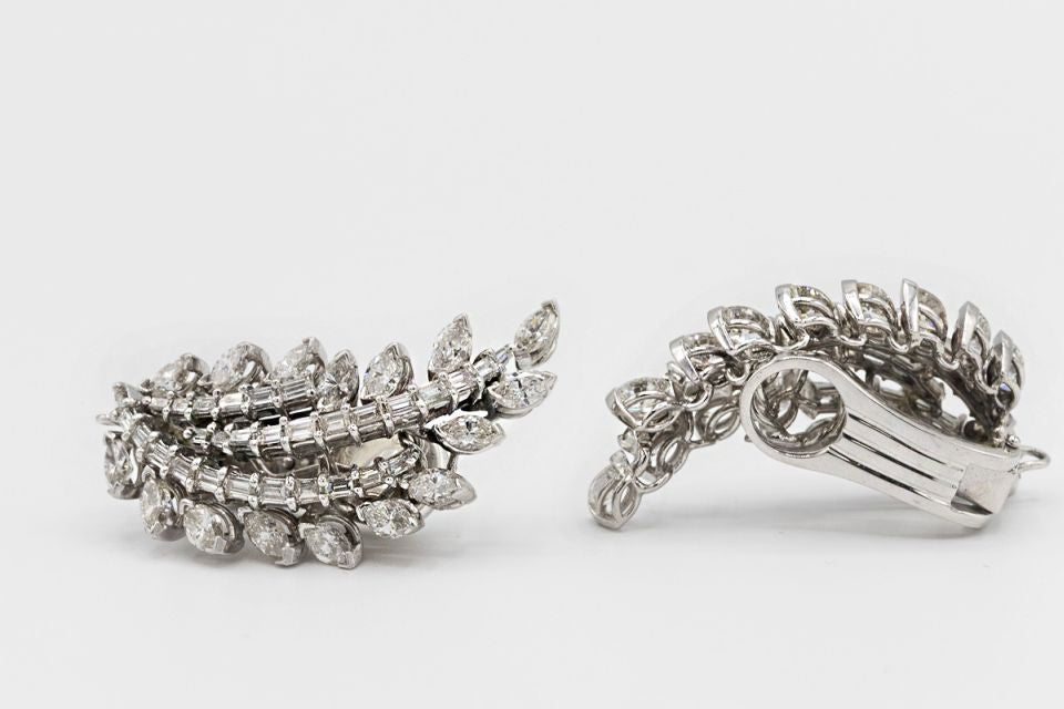 Art Deco Platinum Diamond 10.00cttw Leaf Earrings