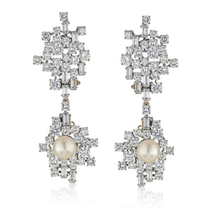 Chaumet 1950's Platinum Diamond And Pearl Drop Dangle Earrings