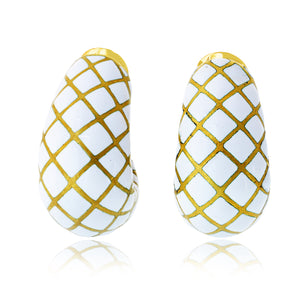 David Webb White Enamel Platinum & 18K Yellow Gold Bombe Gold Checkerboard Clip-On Earrings