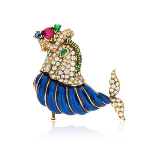 David Webb Dolphin Platinum & 18K Yellow Gold With Diamonds, Gemstones And Blue Enamel Brooch