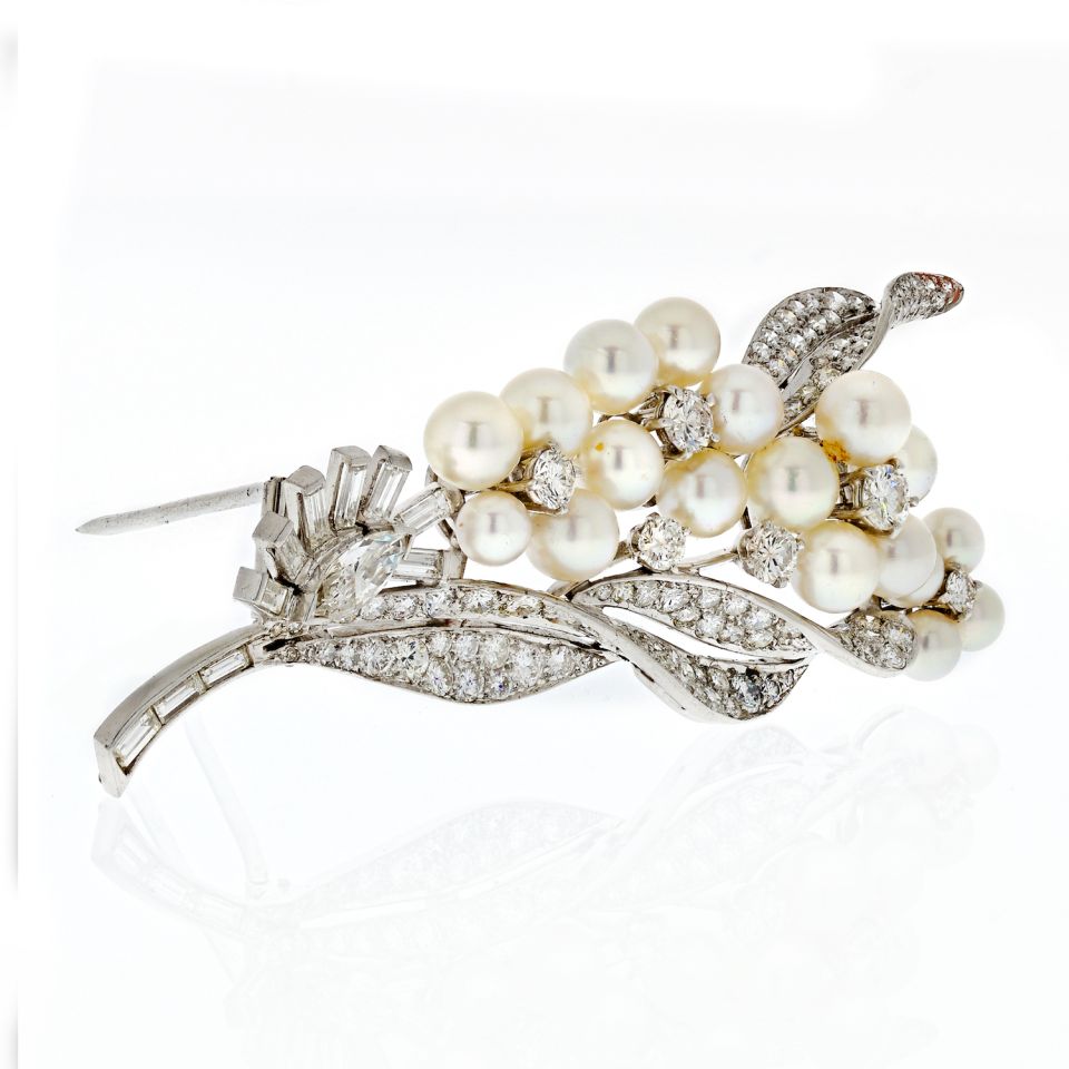 1950's Platinum 7 Carat Diamond And Pearl Gatsby Style Brooch