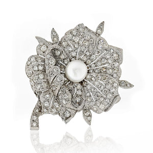 Art Deco Platinum Flower Natural Pearl Diamond 5.00cts Brooch