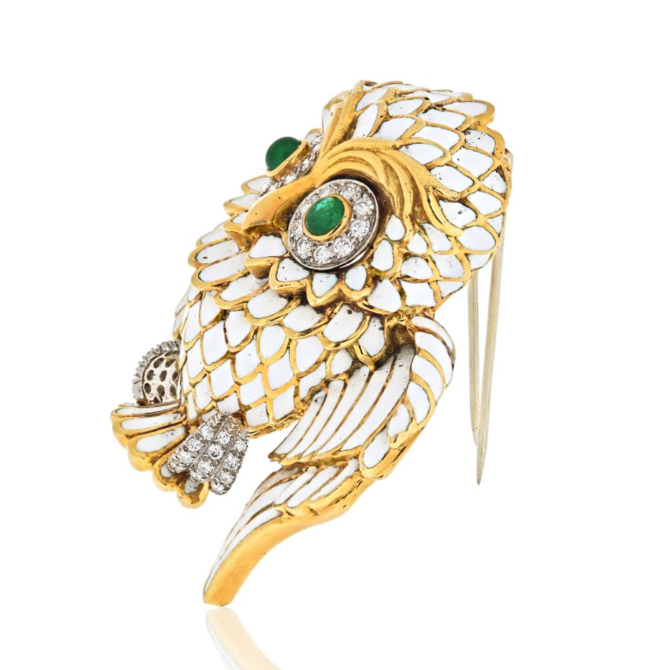 David Webb Platinum & 18K Yellow Gold White Enamel Owl Brooch