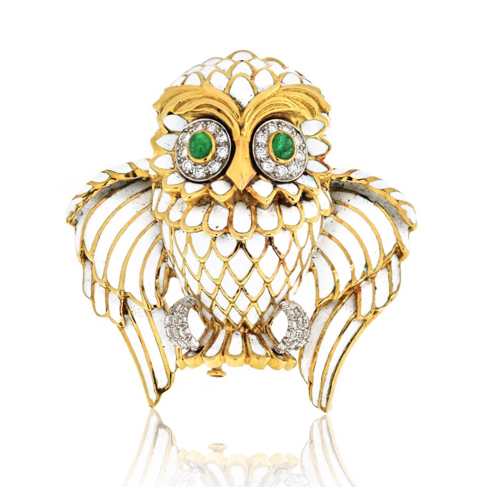 David Webb Platinum & 18K Yellow Gold White Enamel Owl Brooch