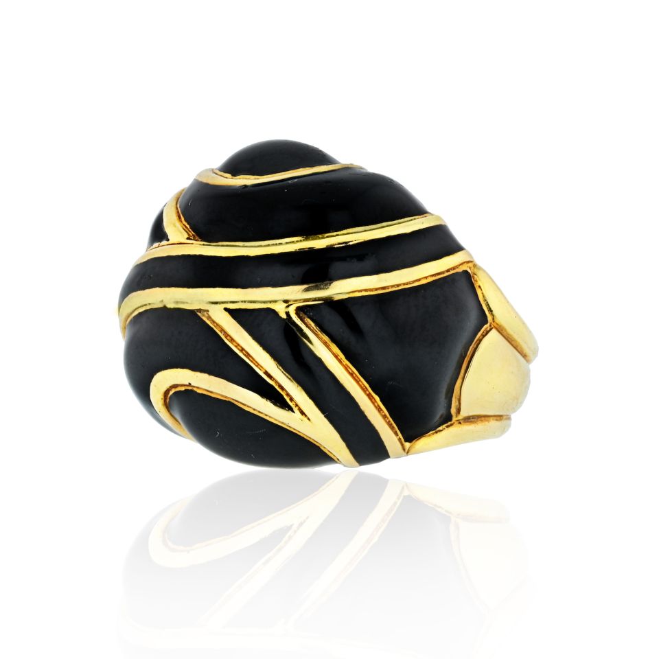 David Webb Platinum & 18K Yellow Gold Bombe Black Enamel Ring