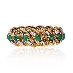 David Webb Platinum & 18K Yellow Gold Diamonds, Cabochon Emeralds Bracelet