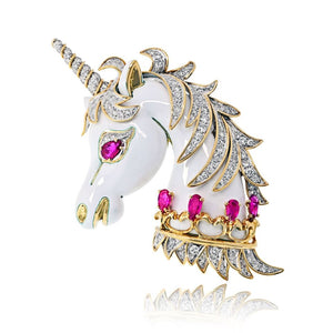 David Webb Unicorn Platinum & 18K Yellow Gold White Enamel, Diamonds And Rubies Brooch