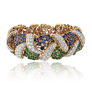 18K Yellow Gold Diamond, Sapphire and Green Emerald Bracelet