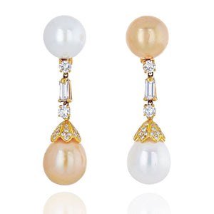 18K Yellow Gold White And Yellow Pearl Diamond Earrings