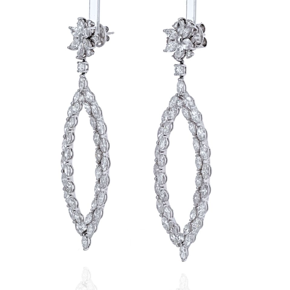 18K White Gold 16 Carat Marquise Round Dangling Drop Earrings