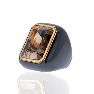 David Webb 18K Yellow Gold Smoky Quartz and Black Enamel Ring