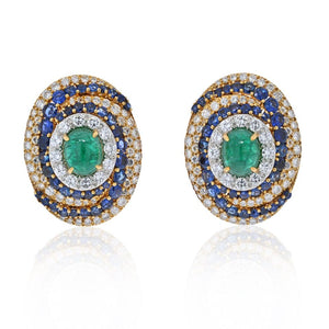 David Webb Platinum & 18K Yellow Gold Bombe Highly Decorated Diamond, Sapphire And Emerald Clip Earrings