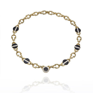 David Webb Yellow Gold Link Black Enamel Diamond Chain Necklace