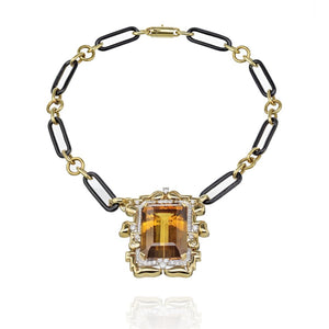 David Webb Platinum & 18K Yellow Gold Large Topaz And Diamond Pendant On A Black Enamel Chain Necklace