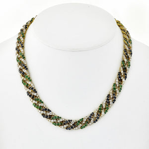 18K Yellow Gold Cuban Link Diamond, Sapphire and Green Emerald Necklace