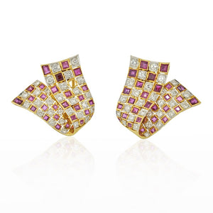 18K Yellow Gold Diamond And Ruby Folderover Ribbon Earrings