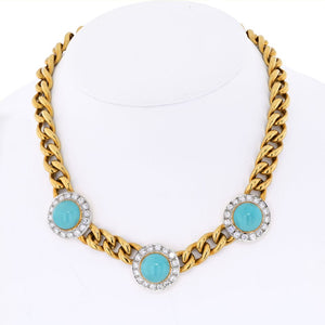Diamond 18K Yellow Gold Three Station Turquoise And Diamond Necklace