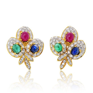 18K Yellow Gold Estate Diamond And Ruby, Sapphire, Emerald Earrings