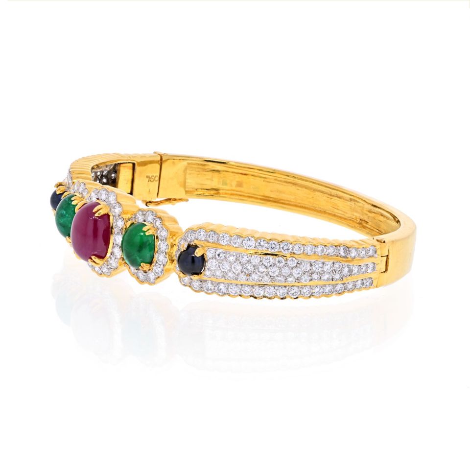 18K Yellow Gold Diamond, Ruby, Emerald and Sapphire Bangle Bracelet - The Back Vault