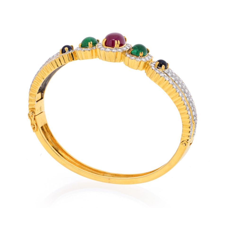 18K Yellow Gold Diamond, Ruby, Emerald and Sapphire Bangle Bracelet - The Back Vault