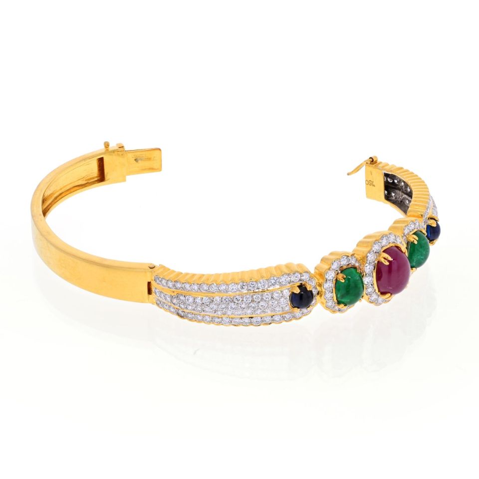 18K Yellow Gold Diamond, Ruby, Emerald and Sapphire Bangle Bracelet - The Back Vault