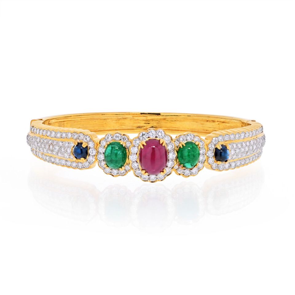 18K Yellow Gold Diamond, Ruby, Emerald and Sapphire Bangle Bracelet - The Back Vault
