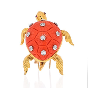 18K Yellow Gold Coral Turtle With Diamonds On The Shell Brooch