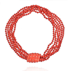 Seaman Schepps Coral 18K Yellow Gold Six Strang Coral And Diamond Necklace