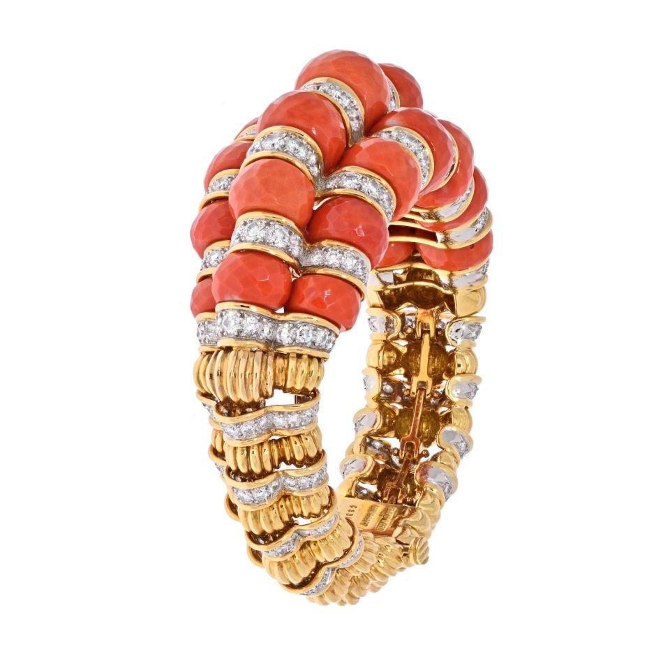 David Webb Platinum & 18K Yellow Gold Faceted Coral And Diamond Bracelet