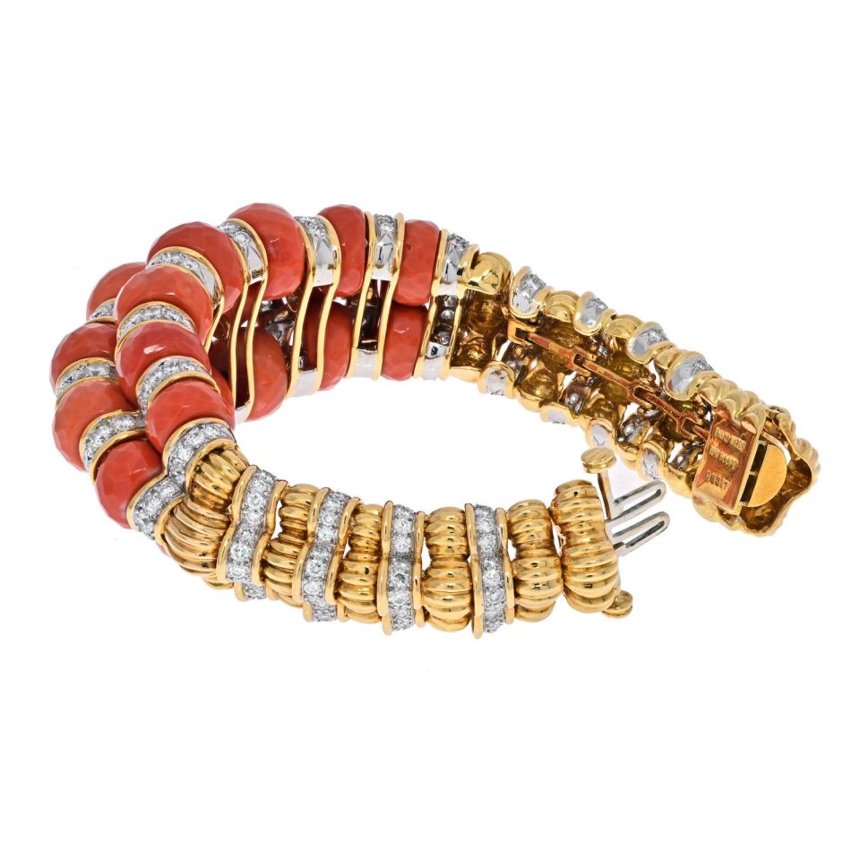 David Webb Platinum & 18K Yellow Gold Faceted Coral And Diamond Bracelet