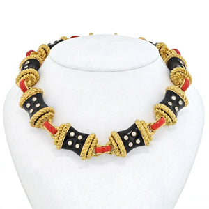 David Webb Coral Platinum & 18K Yellow Gold Coral, Diamonds, Black Enamel Necklace