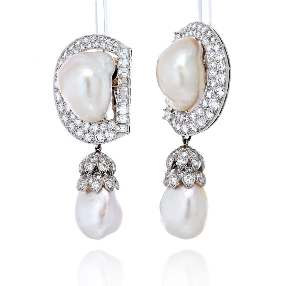 David Webb Platinum 9.92 cttw Diamond And Pearl Day To Night Earrings - The Back Vault