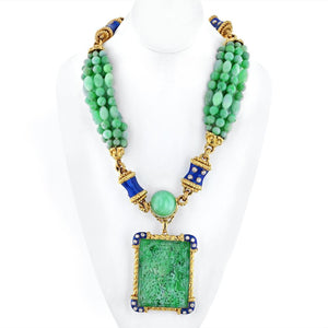 David Webb Jade Platinum & 18K Yellow Gold Jade, Diamond, Blue Enamel Necklace